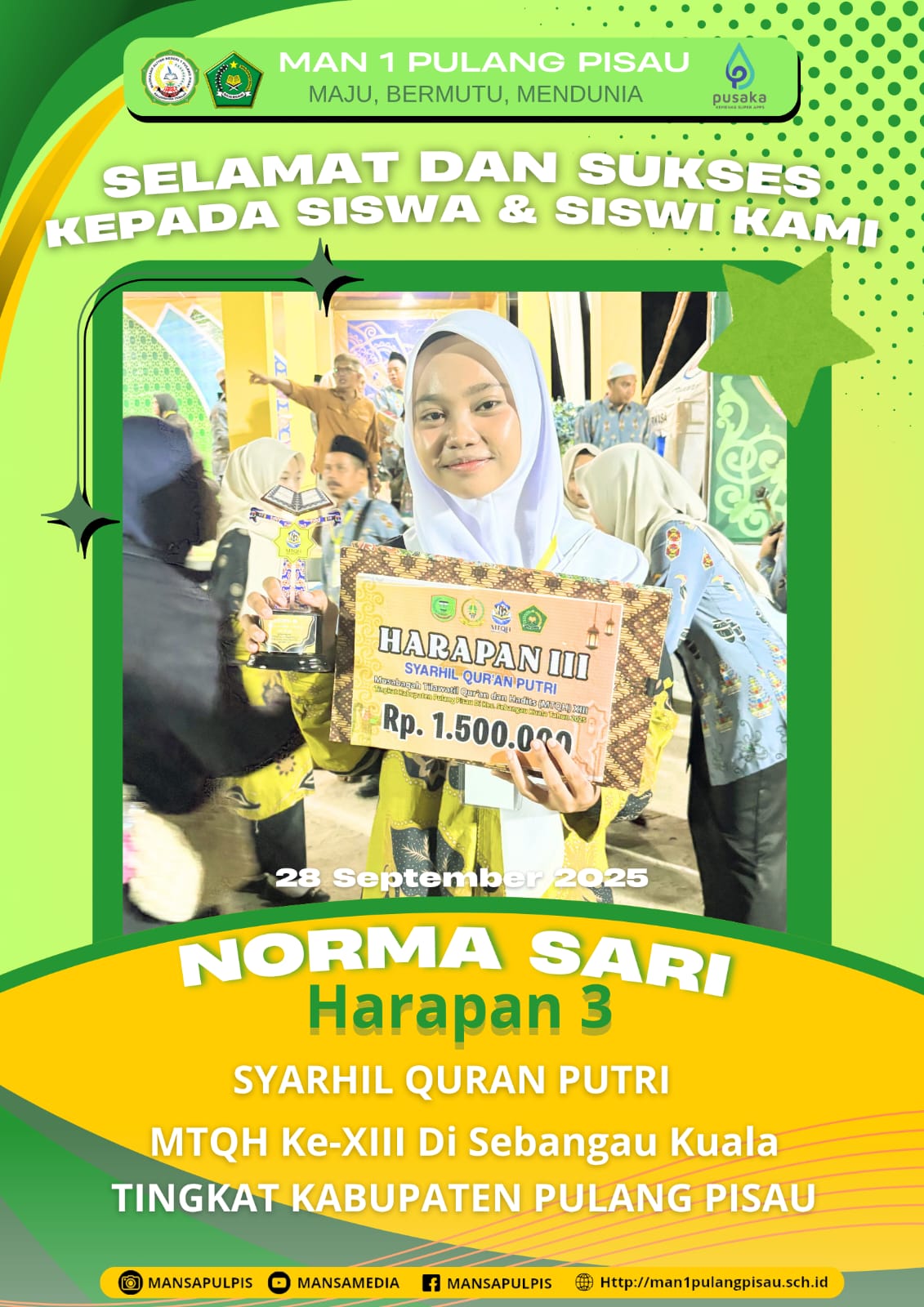 SISWI MAN 1 PULANG PISAU PLUS KETERAMPILAN MERAIH JUARA HARAPAN 3 DALAM MTQH KE-XIII TINGKAT KABUPATEN PULANG PISAU TAHUN 2025